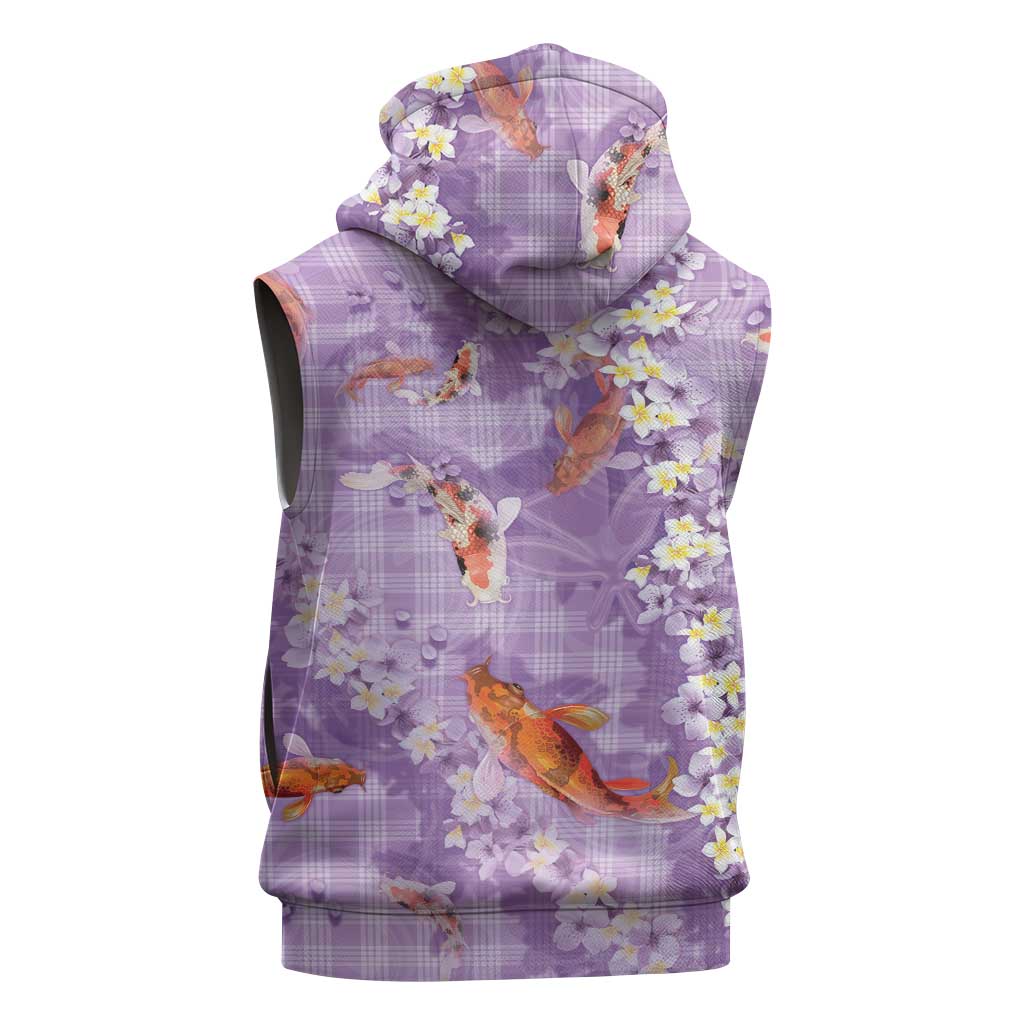 Purple Palaka Hawaiian And Japanese Sleeveless Hoodie Sakura Lei With Koi Fish DT05 - Polynesian Pride