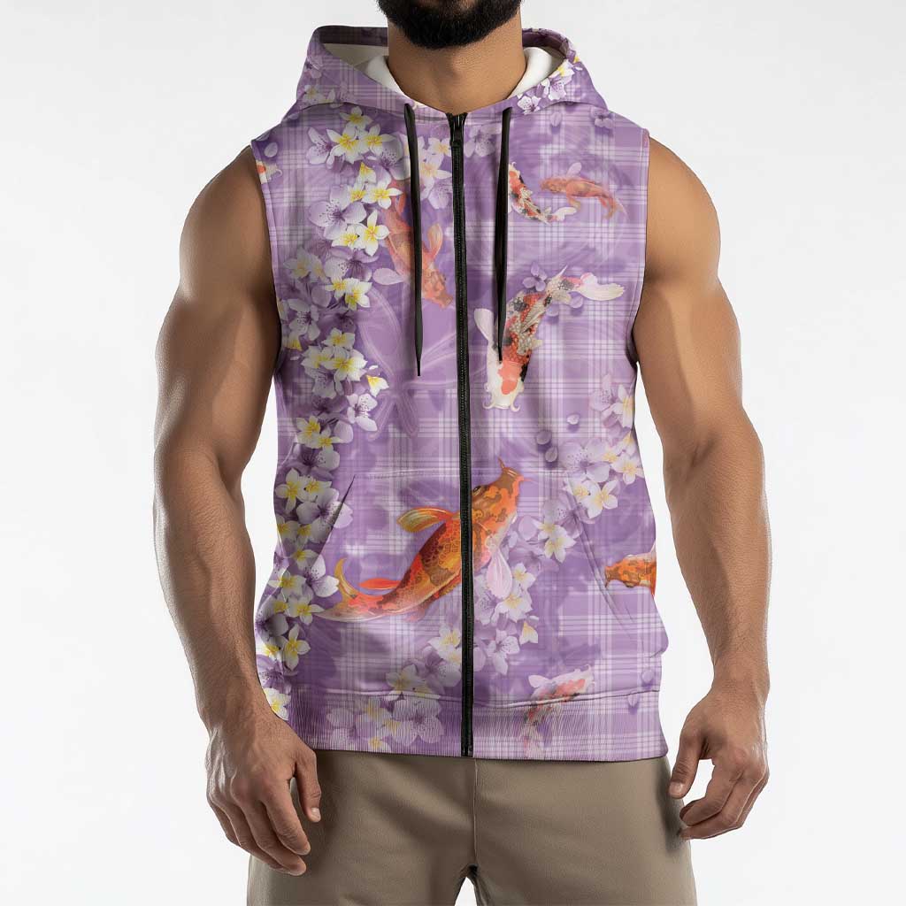 Purple Palaka Hawaiian And Japanese Sleeveless Zip Hoodie Sakura Lei With Koi Fish DT05 - Polynesian Pride