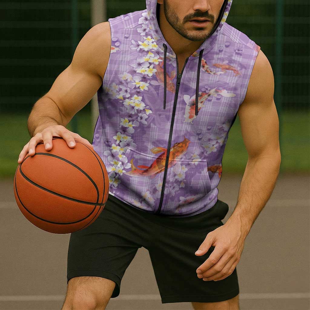Purple Palaka Hawaiian And Japanese Sleeveless Zip Hoodie Sakura Lei With Koi Fish DT05 - Polynesian Pride