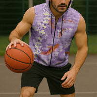 Purple Palaka Hawaiian And Japanese Sleeveless Zip Hoodie Sakura Lei With Koi Fish DT05 - Polynesian Pride