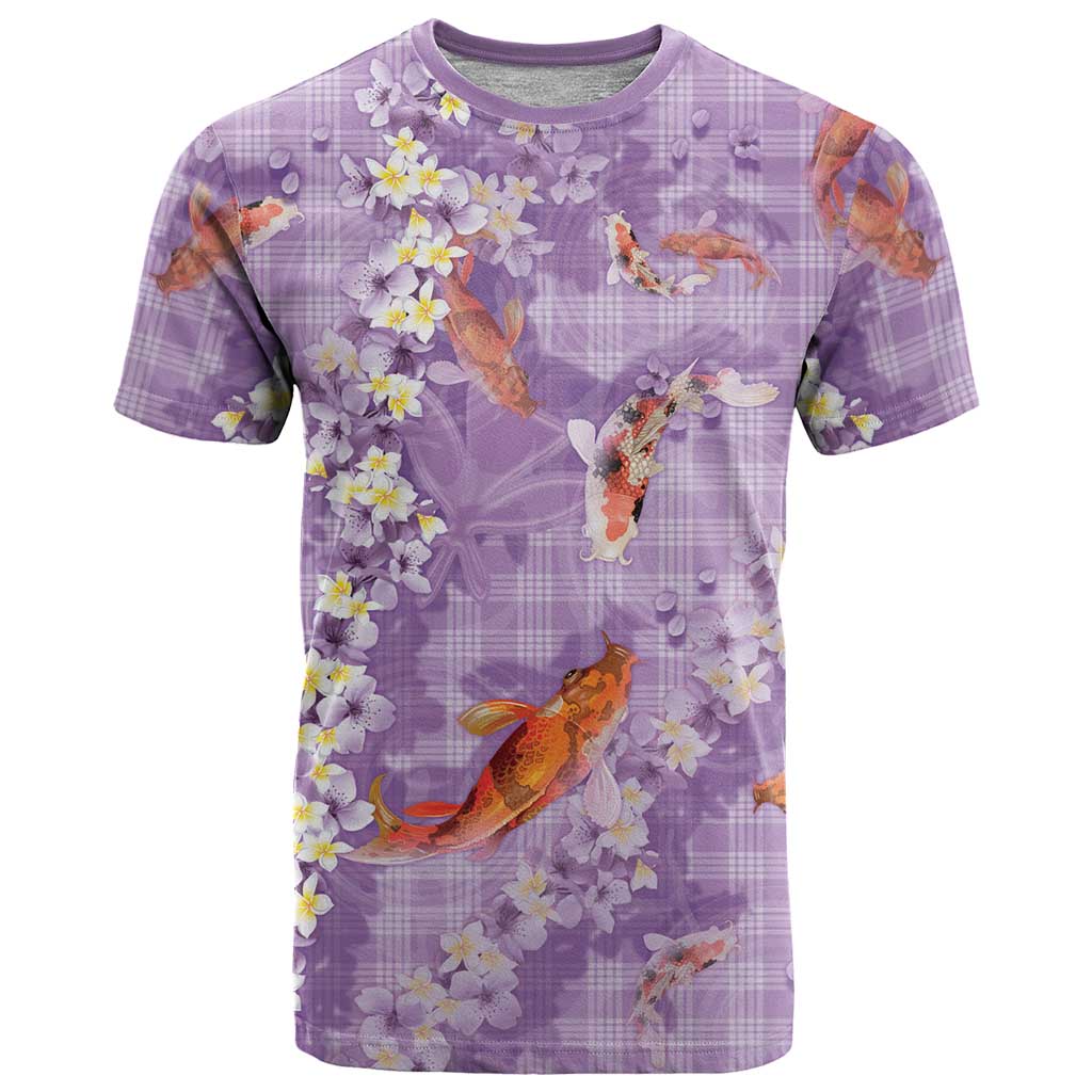 Purple Palaka Hawaiian And Japanese T Shirt Sakura Lei With Koi Fish DT05 Purple - Polynesian Pride