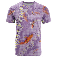 Purple Palaka Hawaiian And Japanese T Shirt Sakura Lei With Koi Fish DT05 Purple - Polynesian Pride