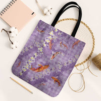 Purple Palaka Hawaiian And Japanese Tote Bag Sakura Lei With Koi Fish DT05 Black Strap One Size Purple - Polynesian Pride
