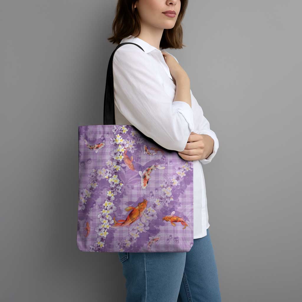 Purple Palaka Hawaiian And Japanese Tote Bag Sakura Lei With Koi Fish DT05 - Polynesian Pride