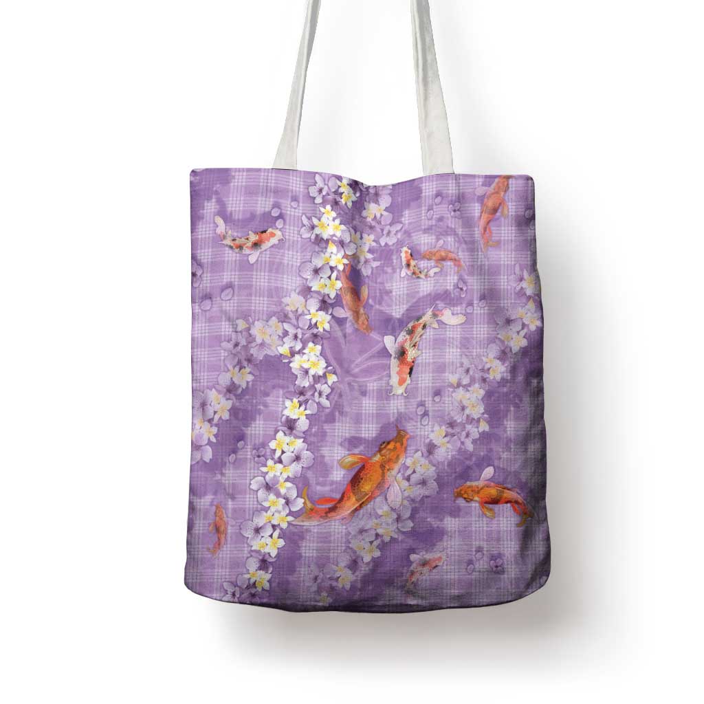 Purple Palaka Hawaiian And Japanese Tote Bag Sakura Lei With Koi Fish DT05 - Polynesian Pride