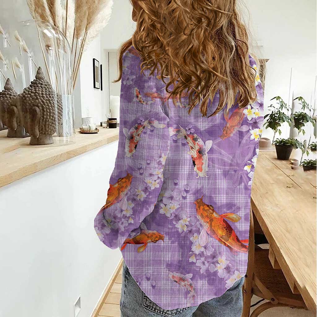 Purple Palaka Hawaiian And Japanese Women Casual Shirt Sakura Lei With Koi Fish DT05 - Polynesian Pride