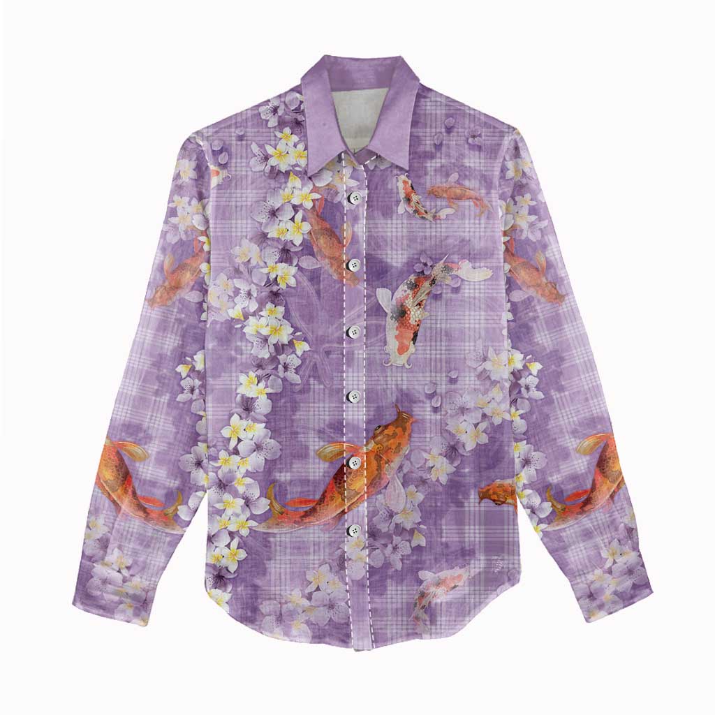 Purple Palaka Hawaiian And Japanese Women Casual Shirt Sakura Lei With Koi Fish DT05 - Polynesian Pride