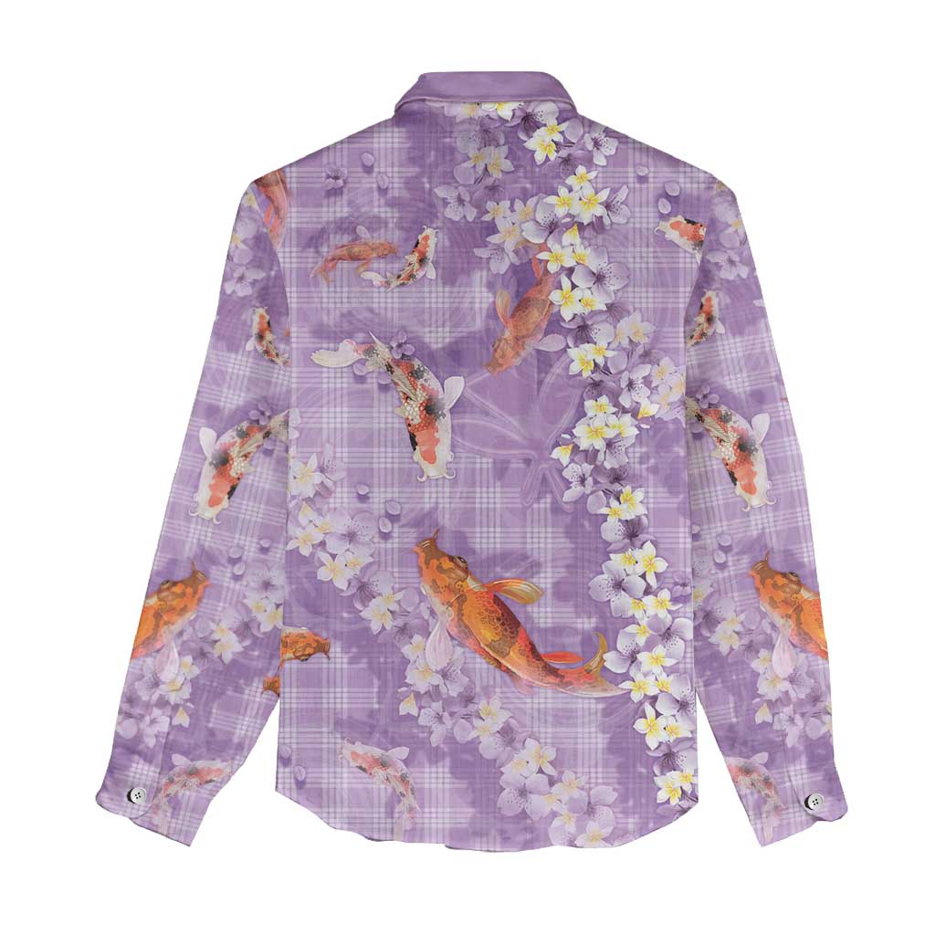 Purple Palaka Hawaiian And Japanese Women Casual Shirt Sakura Lei With Koi Fish DT05 - Polynesian Pride