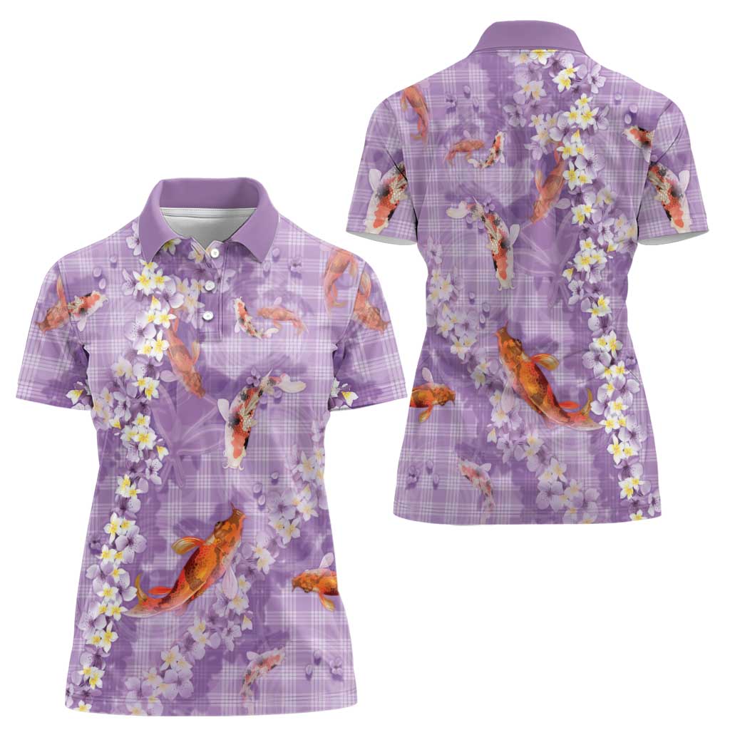 Purple Palaka Hawaiian And Japanese Women Polo Shirt Sakura Lei With Koi Fish DT05 - Polynesian Pride