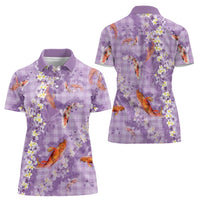 Purple Palaka Hawaiian And Japanese Women Polo Shirt Sakura Lei With Koi Fish DT05 - Polynesian Pride
