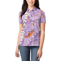 Purple Palaka Hawaiian And Japanese Women Polo Shirt Sakura Lei With Koi Fish DT05 - Polynesian Pride