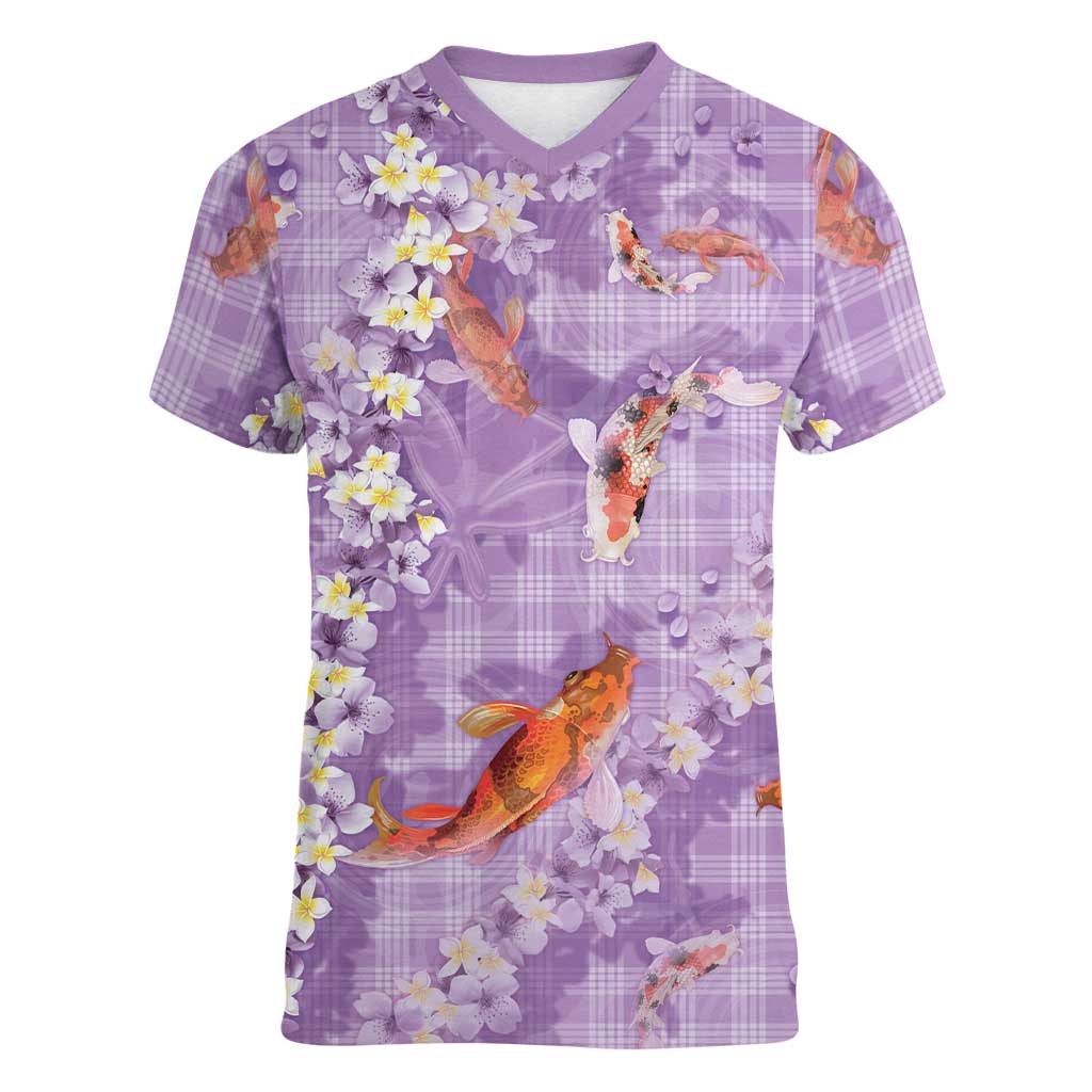 Purple Palaka Hawaiian And Japanese Women V-Neck T-Shirt Sakura Lei With Koi Fish DT05 Female Purple - Polynesian Pride