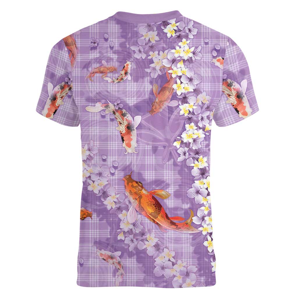 Purple Palaka Hawaiian And Japanese Women V-Neck T-Shirt Sakura Lei With Koi Fish DT05 - Polynesian Pride