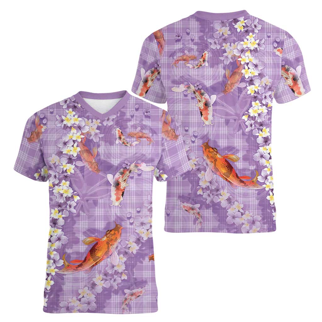 Purple Palaka Hawaiian And Japanese Women V-Neck T-Shirt Sakura Lei With Koi Fish DT05 - Polynesian Pride