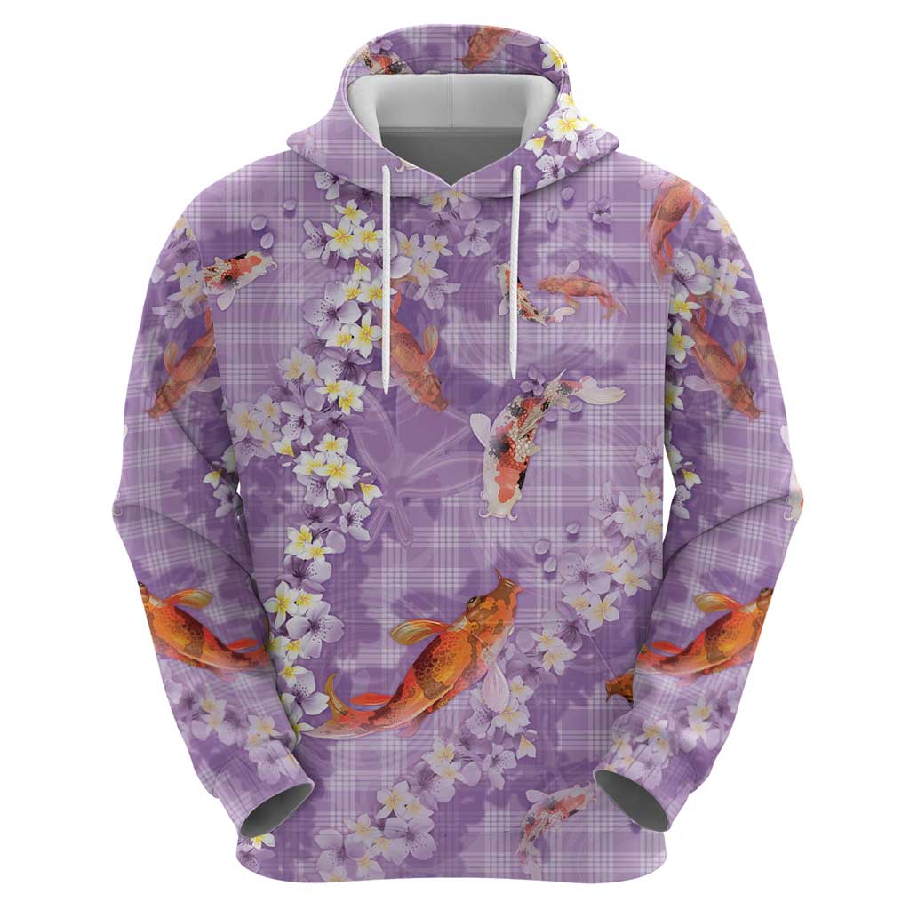 Purple Palaka Hawaiian And Japanese Zip Hoodie Sakura Lei With Koi Fish - Polynesian Pride