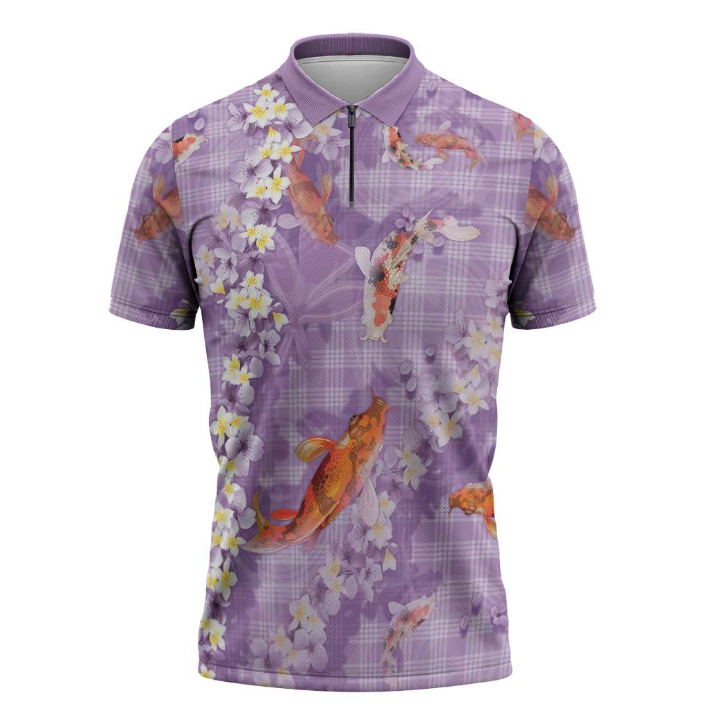 Purple Palaka Hawaiian And Japanese Zipper Polo Shirt Sakura Lei With Koi Fish DT05 Purple - Polynesian Pride
