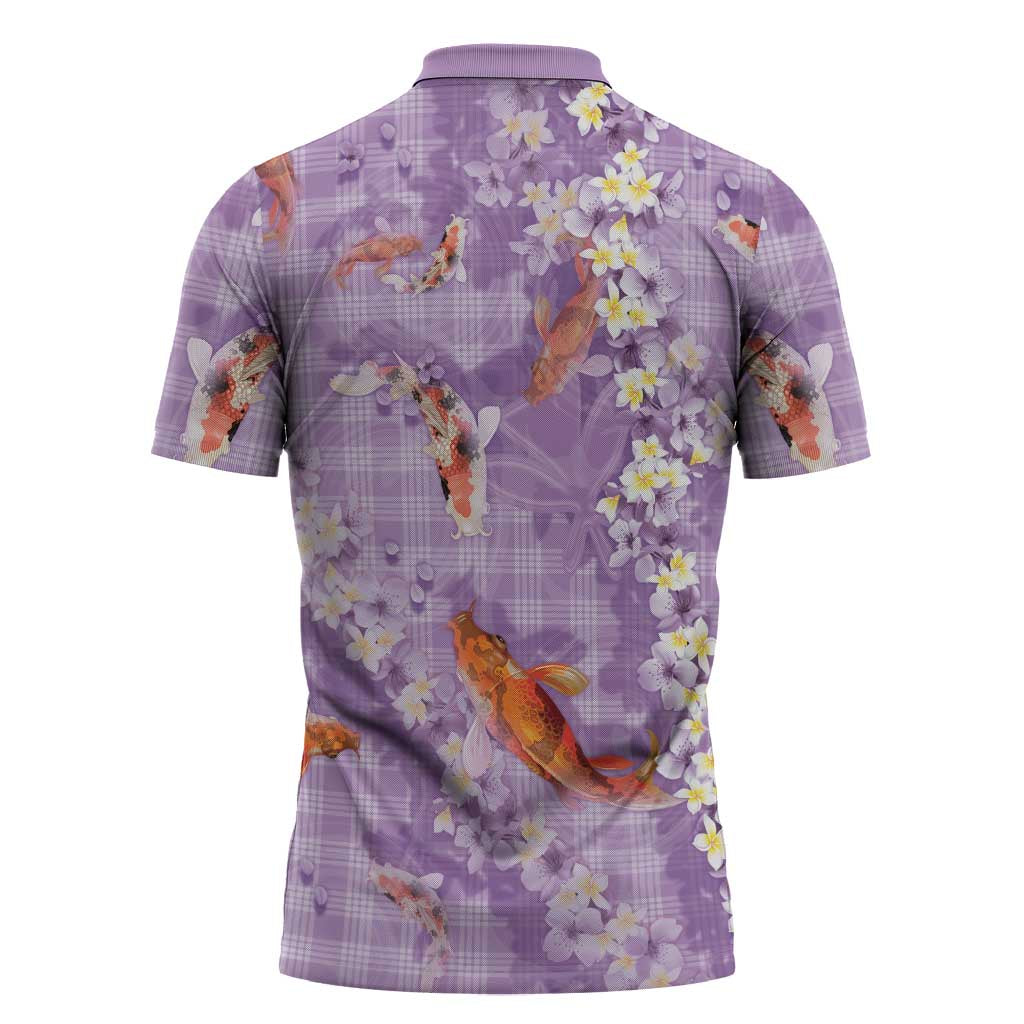 Purple Palaka Hawaiian And Japanese Zipper Polo Shirt Sakura Lei With Koi Fish DT05 - Polynesian Pride
