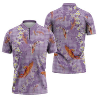 Purple Palaka Hawaiian And Japanese Zipper Polo Shirt Sakura Lei With Koi Fish DT05 - Polynesian Pride