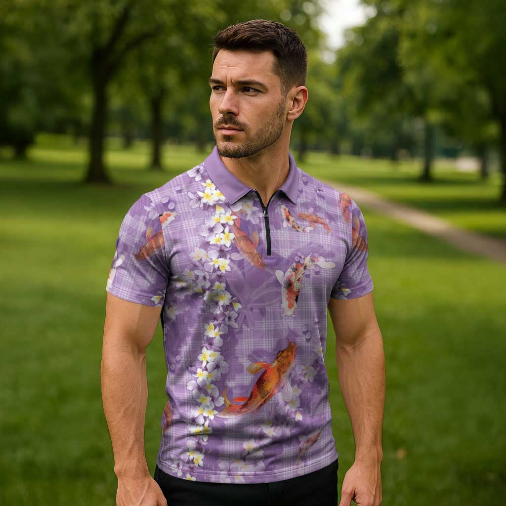 Purple Palaka Hawaiian And Japanese Zipper Polo Shirt Sakura Lei With Koi Fish DT05 - Polynesian Pride