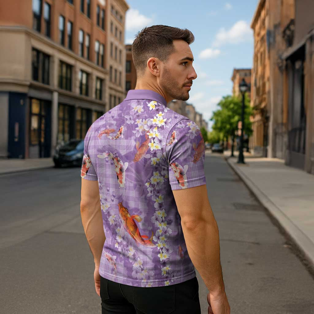 Purple Palaka Hawaiian And Japanese Zipper Polo Shirt Sakura Lei With Koi Fish DT05 - Polynesian Pride