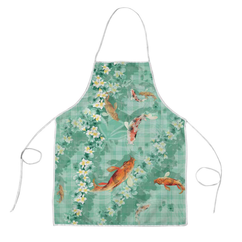 Green Palaka Hawaiian And Japanese Apron Sakura Lei With Koi Fish - Polynesian Pride