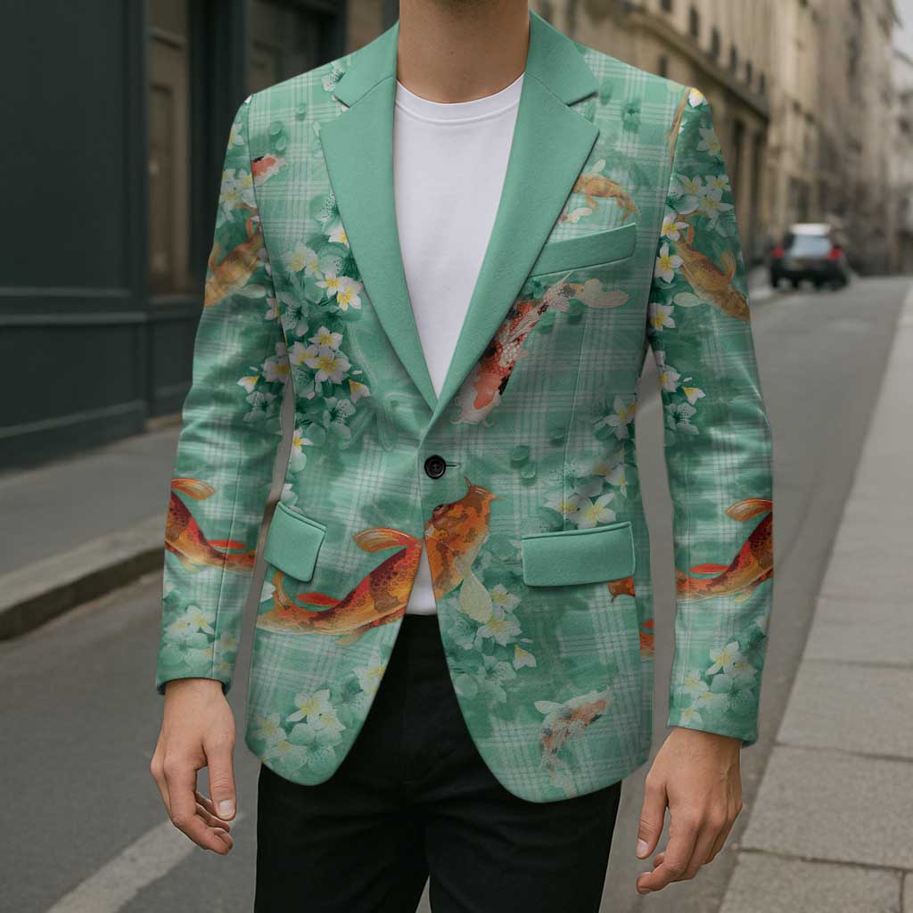 Green Palaka Hawaiian And Japanese Blazer Sakura Lei With Koi Fish - Polynesian Pride