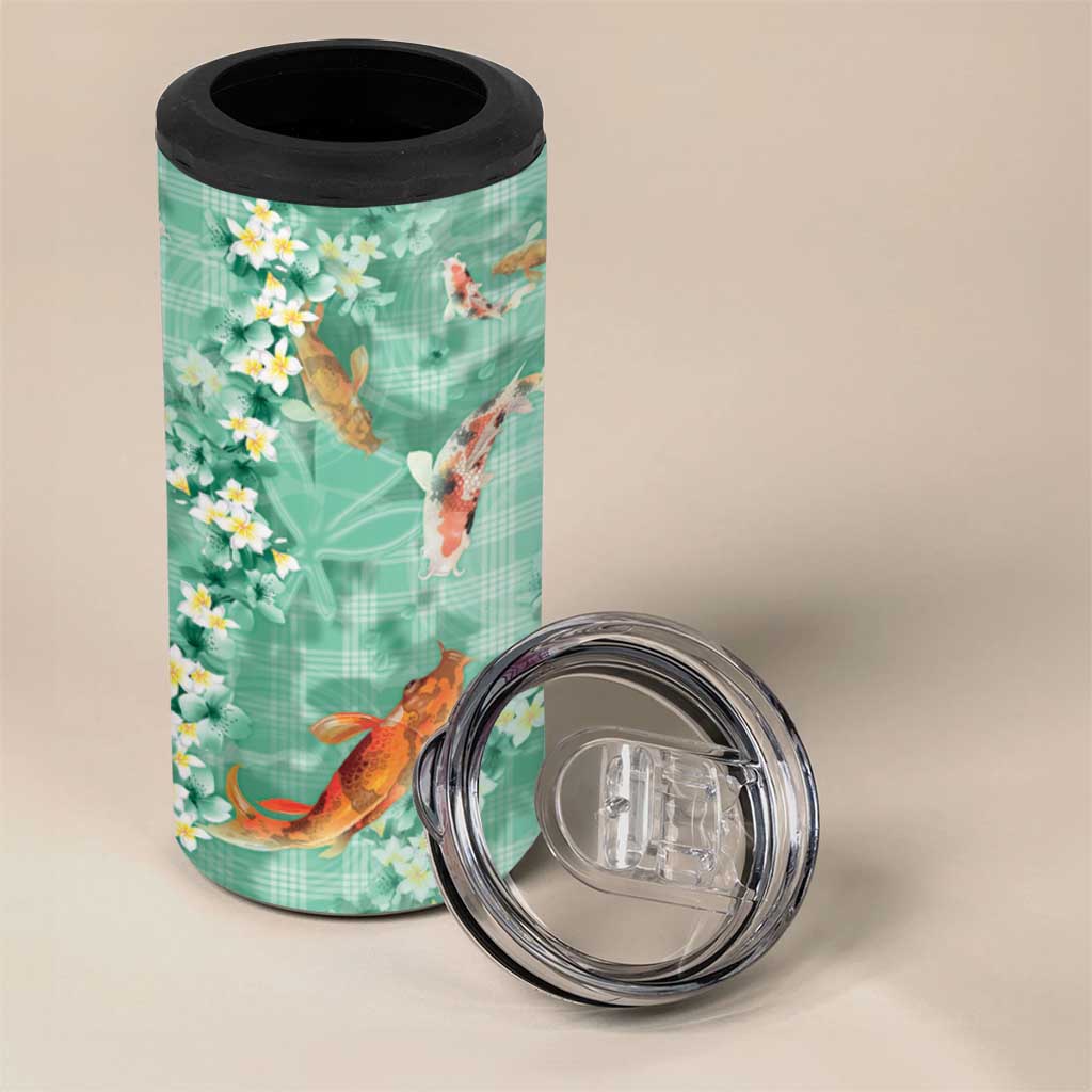 Green Palaka Hawaiian And Japanese 4 in 1 Can Cooler Tumbler Sakura Lei With Koi Fish DT05 - Polynesian Pride