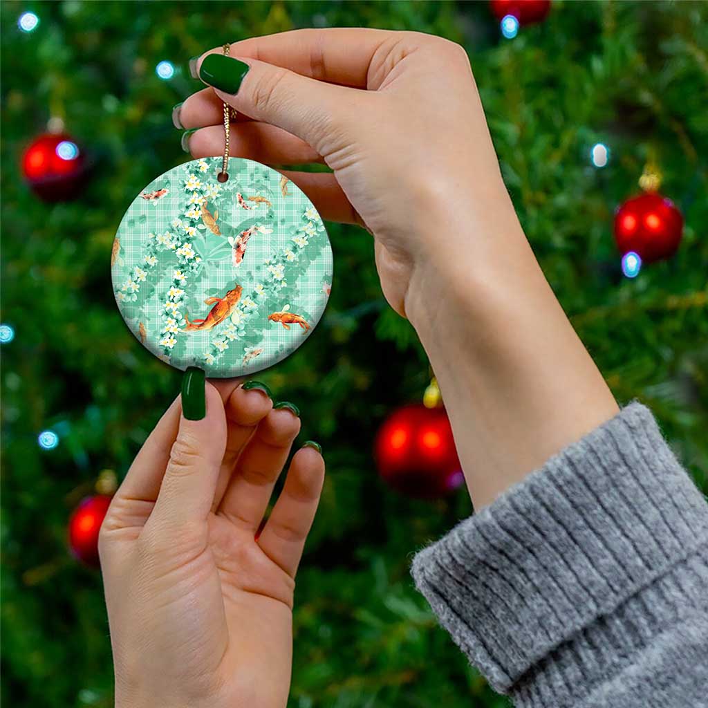 Green Palaka Hawaiian And Japanese Ceramic Ornament Sakura Lei With Koi Fish - Polynesian Pride