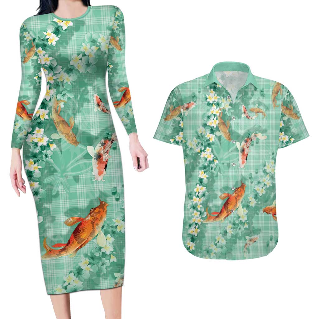 Green Palaka Hawaiian And Japanese Couples Matching Long Sleeve Bodycon Dress and Hawaiian Shirt Sakura Lei With Koi Fish DT05 Green - Polynesian Pride