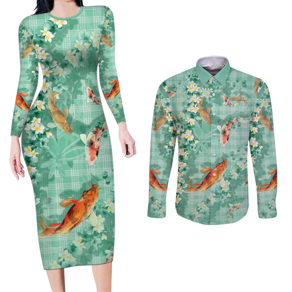 Green Palaka Hawaiian And Japanese Couples Matching Long Sleeve Bodycon Dress and Long Sleeve Button Shirt Sakura Lei With Koi Fish DT05 Green - Polynesian Pride