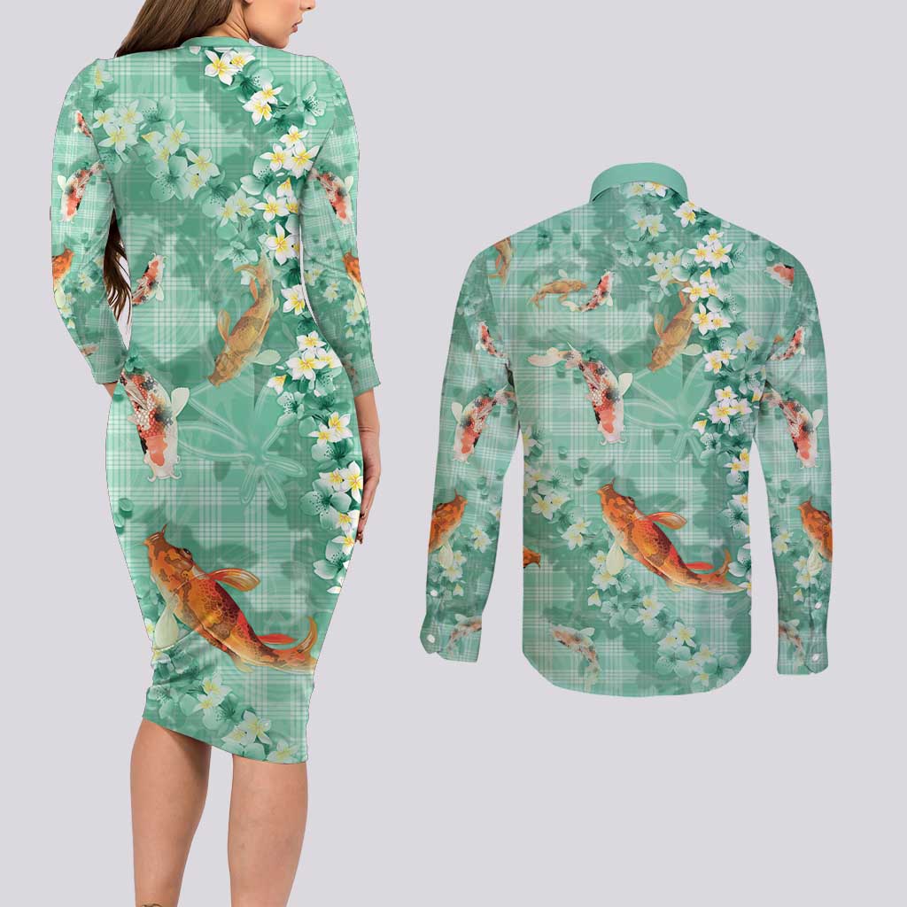 Green Palaka Hawaiian And Japanese Couples Matching Long Sleeve Bodycon Dress and Long Sleeve Button Shirt Sakura Lei With Koi Fish DT05 - Polynesian Pride