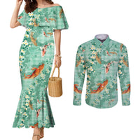 Green Palaka Hawaiian And Japanese Couples Matching Mermaid Dress and Long Sleeve Button Shirt Sakura Lei With Koi Fish DT05 Green - Polynesian Pride