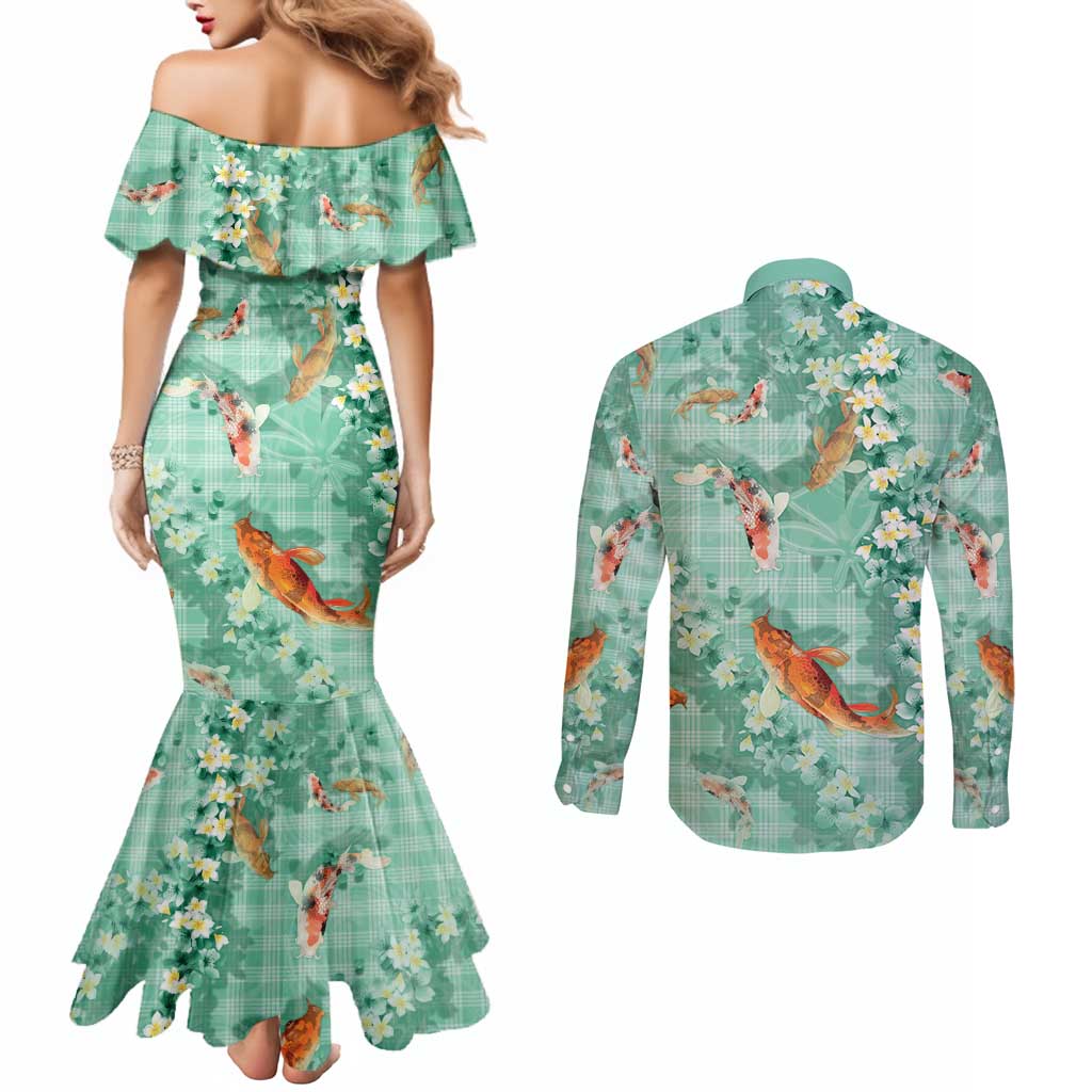 Green Palaka Hawaiian And Japanese Couples Matching Mermaid Dress and Long Sleeve Button Shirt Sakura Lei With Koi Fish DT05 - Polynesian Pride