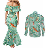Green Palaka Hawaiian And Japanese Couples Matching Mermaid Dress and Long Sleeve Button Shirt Sakura Lei With Koi Fish DT05 - Polynesian Pride