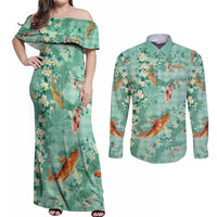 Green Palaka Hawaiian And Japanese Couples Matching Off Shoulder Maxi Dress and Long Sleeve Button Shirt Sakura Lei With Koi Fish DT05 Green - Polynesian Pride