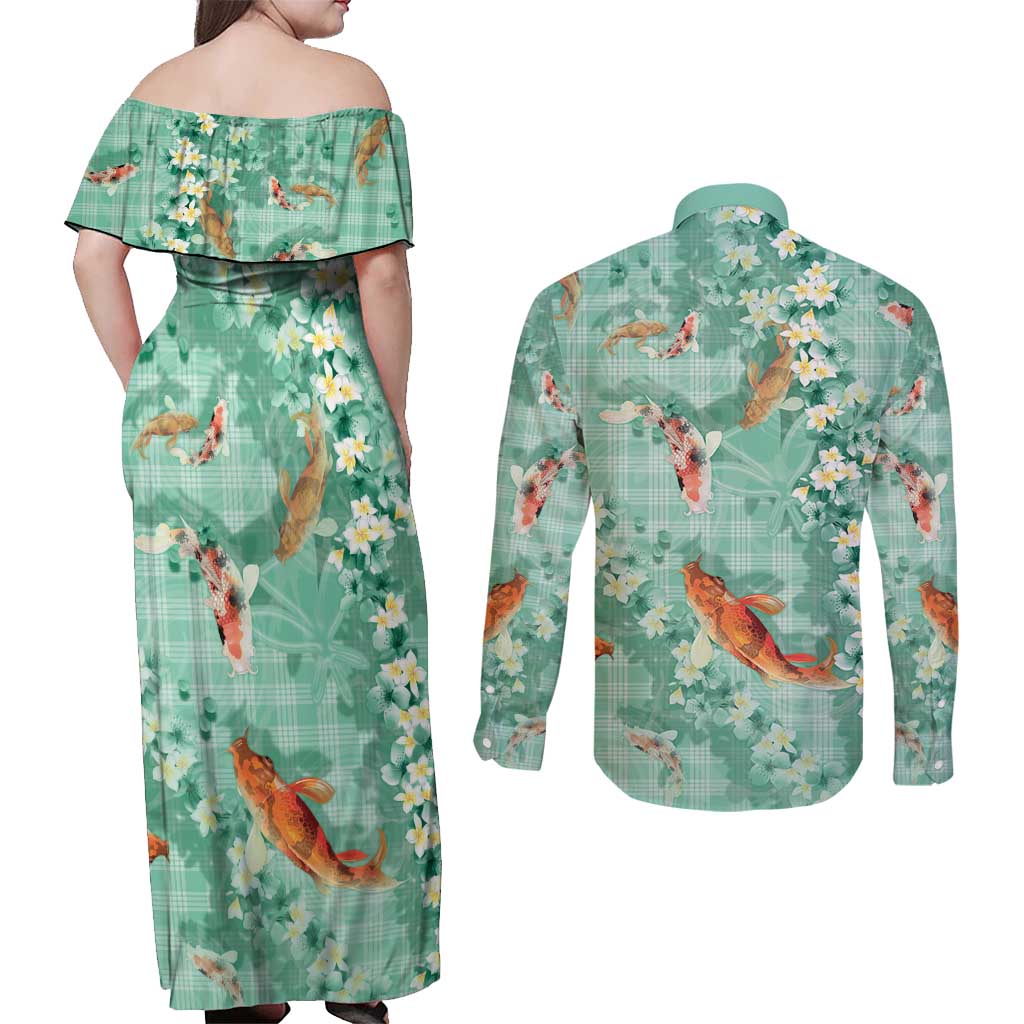 Green Palaka Hawaiian And Japanese Couples Matching Off Shoulder Maxi Dress and Long Sleeve Button Shirt Sakura Lei With Koi Fish DT05 - Polynesian Pride