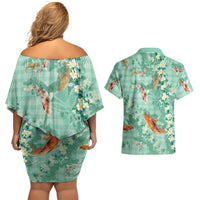 Green Palaka Hawaiian And Japanese Couples Matching Off Shoulder Short Dress and Hawaiian Shirt Sakura Lei With Koi Fish DT05 - Polynesian Pride