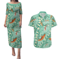 Green Palaka Hawaiian And Japanese Couples Matching Puletasi and Hawaiian Shirt Sakura Lei With Koi Fish DT05 Green - Polynesian Pride