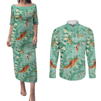 Green Palaka Hawaiian And Japanese Couples Matching Puletasi and Long Sleeve Button Shirt Sakura Lei With Koi Fish DT05 Green - Polynesian Pride