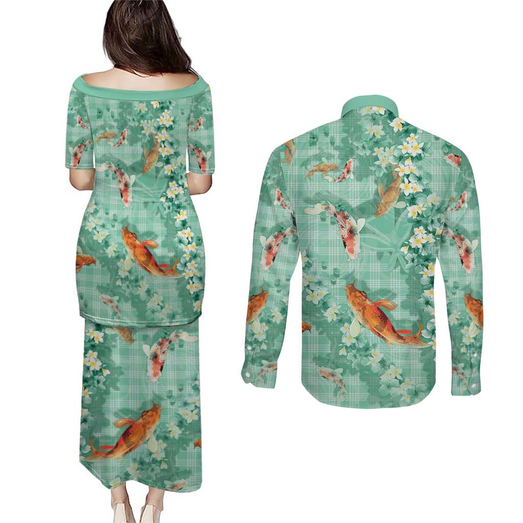 Green Palaka Hawaiian And Japanese Couples Matching Puletasi and Long Sleeve Button Shirt Sakura Lei With Koi Fish DT05 - Polynesian Pride