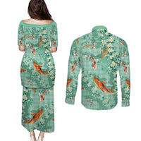 Green Palaka Hawaiian And Japanese Couples Matching Puletasi and Long Sleeve Button Shirt Sakura Lei With Koi Fish DT05 - Polynesian Pride