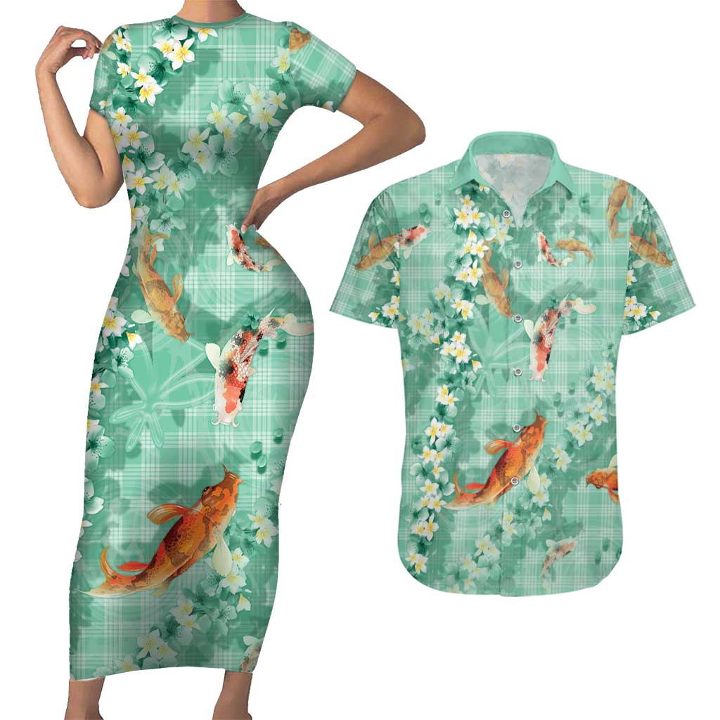 Green Palaka Hawaiian And Japanese Couples Matching Short Sleeve Bodycon Dress and Hawaiian Shirt Sakura Lei With Koi Fish DT05 Green - Polynesian Pride