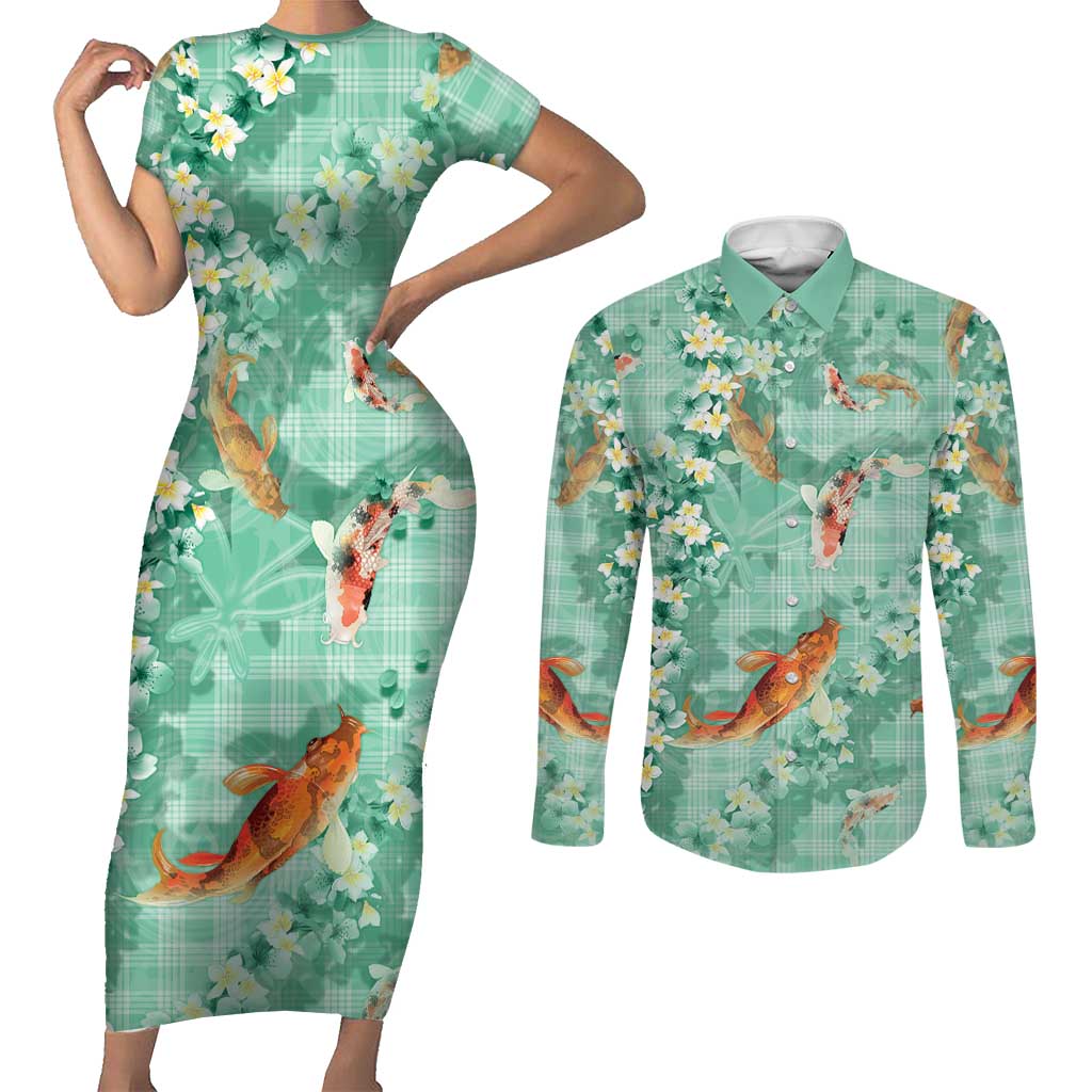 Green Palaka Hawaiian And Japanese Couples Matching Short Sleeve Bodycon Dress and Long Sleeve Button Shirt Sakura Lei With Koi Fish DT05 Green - Polynesian Pride