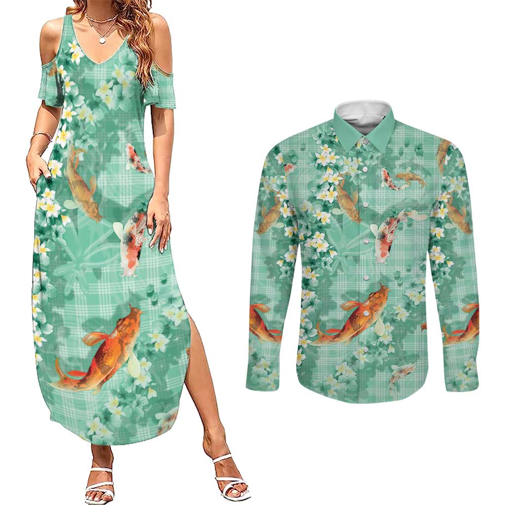 Green Palaka Hawaiian And Japanese Couples Matching Summer Maxi Dress and Long Sleeve Button Shirt Sakura Lei With Koi Fish DT05 Green - Polynesian Pride