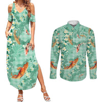 Green Palaka Hawaiian And Japanese Couples Matching Summer Maxi Dress and Long Sleeve Button Shirt Sakura Lei With Koi Fish DT05 Green - Polynesian Pride