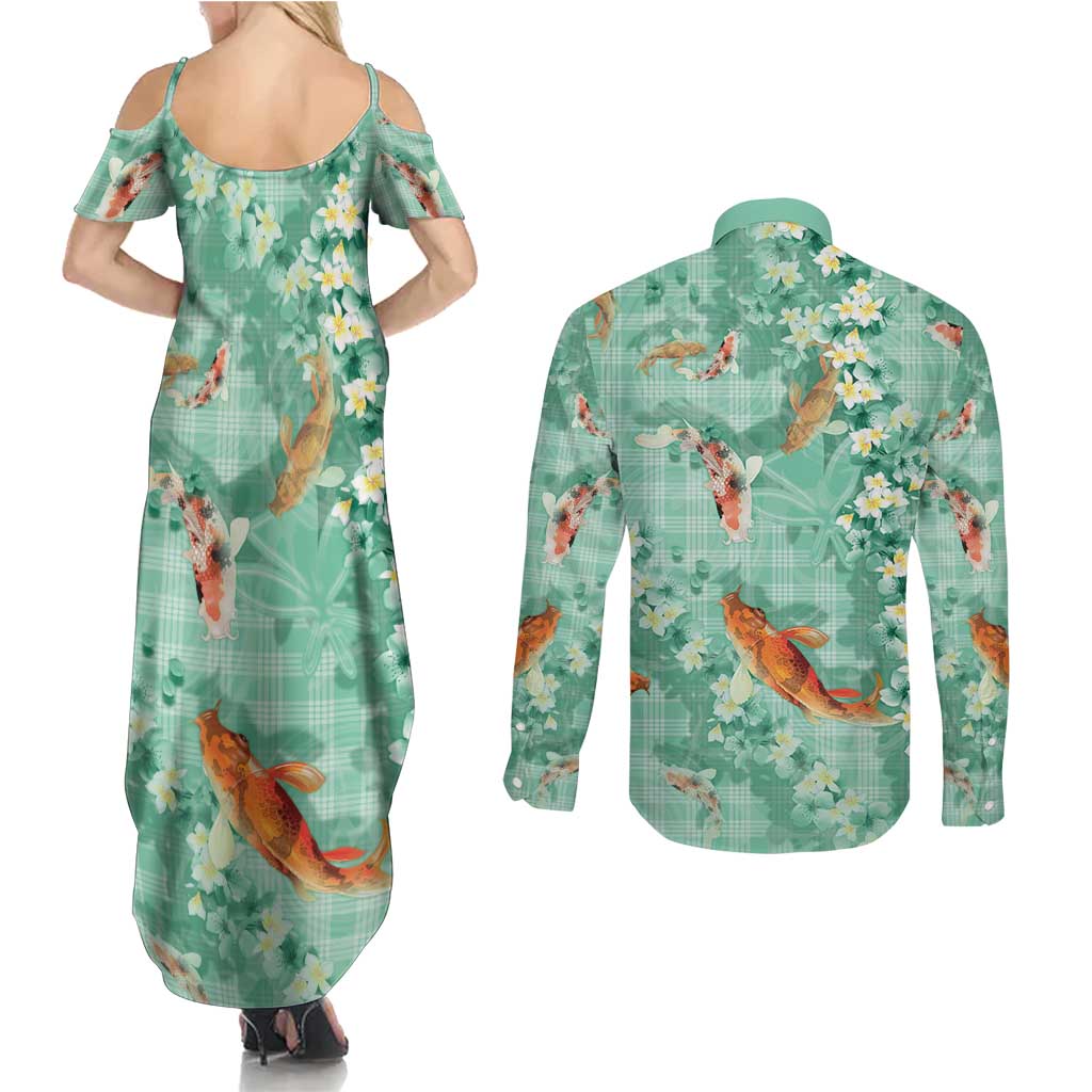 Green Palaka Hawaiian And Japanese Couples Matching Summer Maxi Dress and Long Sleeve Button Shirt Sakura Lei With Koi Fish DT05 - Polynesian Pride