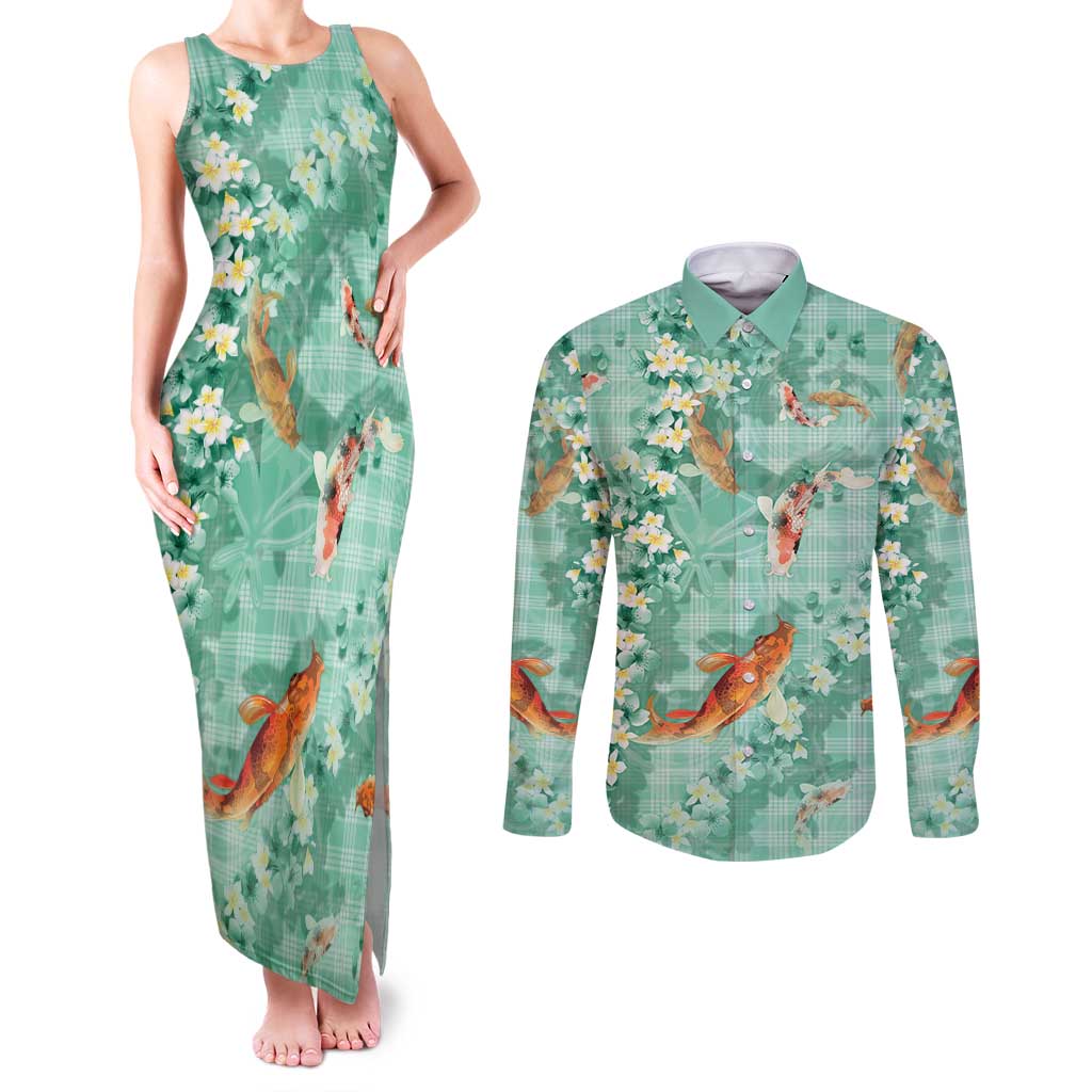 Green Palaka Hawaiian And Japanese Couples Matching Tank Maxi Dress and Long Sleeve Button Shirt Sakura Lei With Koi Fish DT05 Green - Polynesian Pride