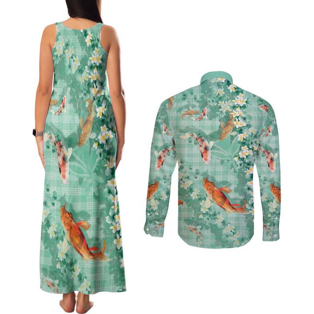 Green Palaka Hawaiian And Japanese Couples Matching Tank Maxi Dress and Long Sleeve Button Shirt Sakura Lei With Koi Fish DT05 - Polynesian Pride