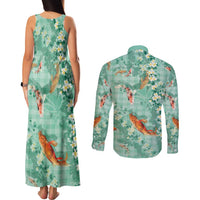 Green Palaka Hawaiian And Japanese Couples Matching Tank Maxi Dress and Long Sleeve Button Shirt Sakura Lei With Koi Fish DT05 - Polynesian Pride