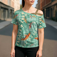 Green Palaka Hawaiian And Japanese Cross Shoulder Shirt Sakura Lei With Koi Fish - Polynesian Pride
